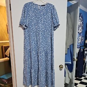 Pretty Garden Blue Polka Dot Maxi Dress Sz Large Tiered Wedding Shower Puff EUC